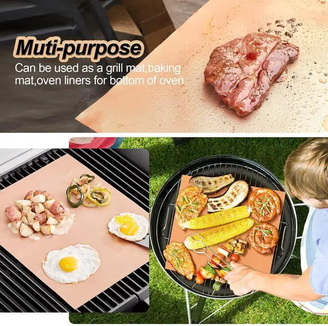 Alt view image 7 of 7 - Copper Grill Mats 6-Pack, Non-Stick PFOA-Free, 500°F Heat Resistant, Easy Clean, Cut-to-Fit for Gas/Charcoal/Infrared Grills, Camping Accessories for Steak Chicken Fish Vegetables