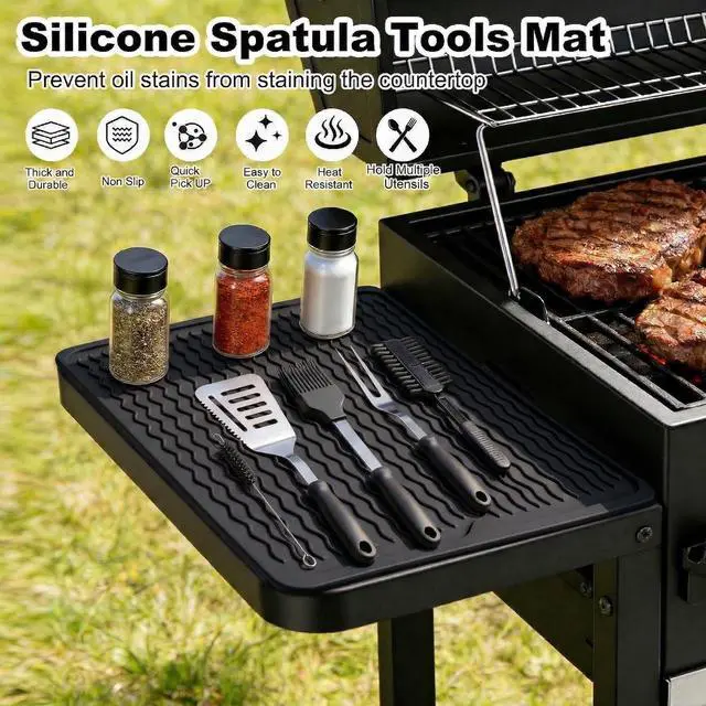 Alt view image 2 of 7 - Silicone Grill Tools Mat for Blackstone Weber Traeger Pit Boss Flat Top Grill Smoker,BBQ Accessories Pad Mats for Outdoor Kitchen Counter Cooking, Side Shelf Spatula Mat,Gifts for Men (Black)