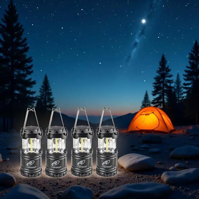 Alt view image 2 of 6 - Set of 4 Portable Outdoor LED Camping Lantern, Black, Collapsible. Great for Emergency, Tent Light, Backpacking (Without Battery)