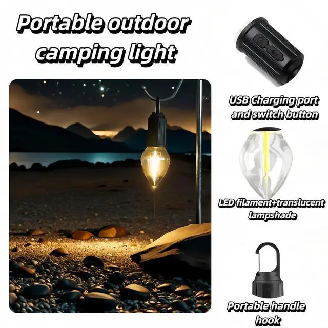 Alt view image 2 of 7 - Portable LED Camping LanternHang Anywhere Hook, USB-C Rechargeable, 3 Brightness Modes, Water Resistant for Emergency, Tent, Hiking, Power Outage& Outdoor (Black 1PCS) (T03)