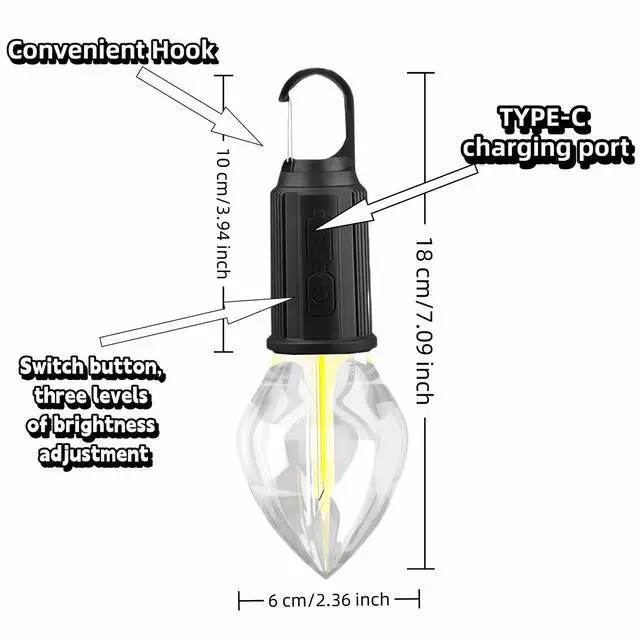 Alt view image 3 of 7 - Portable LED Camping LanternHang Anywhere Hook, USB-C Rechargeable, 3 Brightness Modes, Water Resistant for Emergency, Tent, Hiking, Power Outage& Outdoor (Black 1PCS) (T03)
