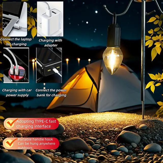 Alt view image 7 of 7 - Portable LED Camping LanternHang Anywhere Hook, USB-C Rechargeable, 3 Brightness Modes, Water Resistant for Emergency, Tent, Hiking, Power Outage& Outdoor (Black 1PCS) (T03)
