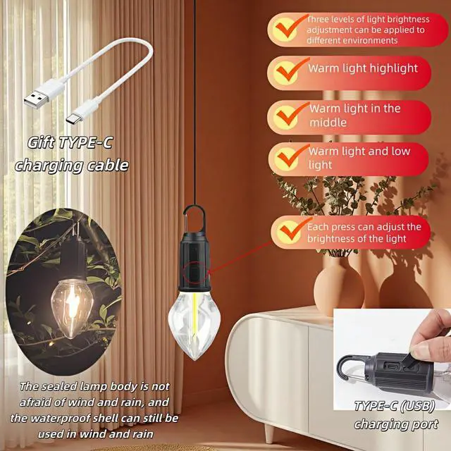 Alt view image 6 of 7 - Portable LED Camping LanternHang Anywhere Hook, USB-C Rechargeable, 3 Brightness Modes, Water Resistant for Emergency, Tent, Hiking, Power Outage& Outdoor (Black 1PCS) (T03)
