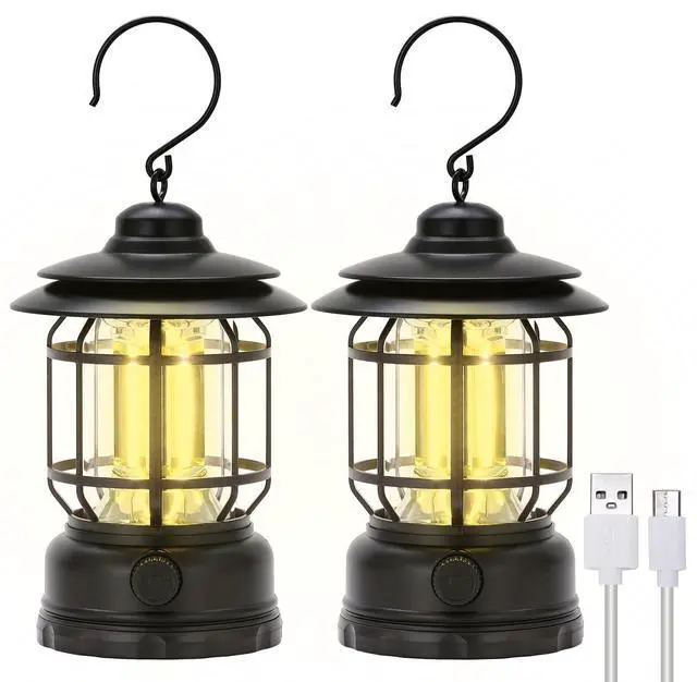 Main image of LED Camping Lanterns Rechargeable Portable, Vintage Style Tabletop Lantern, Stepless Dimming, Waterproof IP44, Black, 2 Pack for Camping, Hanging Tent Light, and Power Outages
