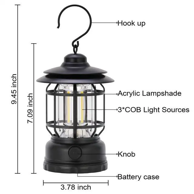 Alt view image 3 of 7 - LED Camping Lanterns Rechargeable Portable, Vintage Style Tabletop Lantern, Stepless Dimming, Waterproof IP44, Black, 2 Pack for Camping, Hanging Tent Light, and Power Outages