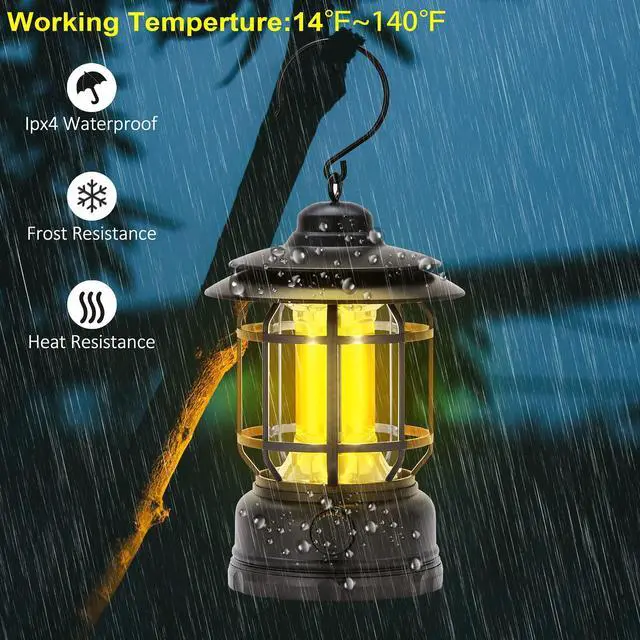 Alt view image 2 of 7 - LED Camping Lanterns Rechargeable Portable, Vintage Style Tabletop Lantern, Stepless Dimming, Waterproof IP44, Black, 2 Pack for Camping, Hanging Tent Light, and Power Outages