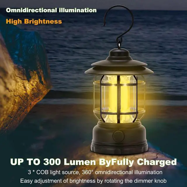 Alt view image 4 of 7 - LED Camping Lanterns Rechargeable Portable, Vintage Style Tabletop Lantern, Stepless Dimming, Waterproof IP44, Black, 2 Pack for Camping, Hanging Tent Light, and Power Outages