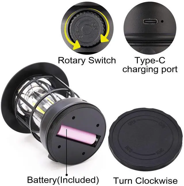 Alt view image 5 of 7 - LED Camping Lanterns Rechargeable Portable, Vintage Style Tabletop Lantern, Stepless Dimming, Waterproof IP44, Black, 2 Pack for Camping, Hanging Tent Light, and Power Outages