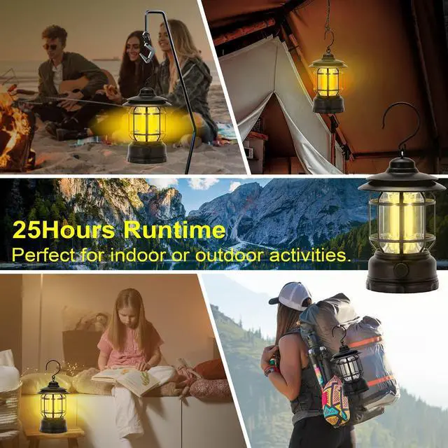 Alt view image 7 of 7 - LED Camping Lanterns Rechargeable Portable, Vintage Style Tabletop Lantern, Stepless Dimming, Waterproof IP44, Black, 2 Pack for Camping, Hanging Tent Light, and Power Outages