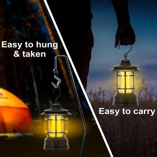 Alt view image 6 of 7 - LED Camping Lanterns Rechargeable Portable, Vintage Style Tabletop Lantern, Stepless Dimming, Waterproof IP44, Black, 2 Pack for Camping, Hanging Tent Light, and Power Outages