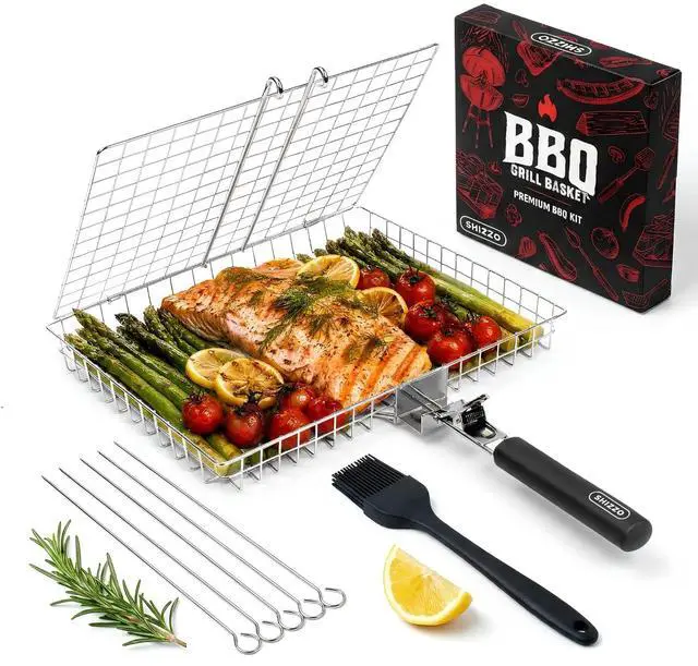 Main image of Grill Basket Gift Set - Removable Wooden Handle - Non-Stick Stainless Steel, BBQ Grilling Rack for Fish, Shrimp, Vegetables - Camping & Outdoor Smoker Accessories, Gifts for Dad, Husband