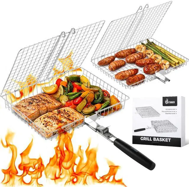 Main image of Nesting Grill Baskets, 2pcs Grilling Baskets for Outdoor with Removable Handle, Stainless Steel BBQ Camping Cooking Accessories Tools for Fish, Vegetable, Shrimp - Gifts for Men Dad Husband