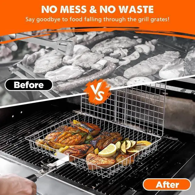 Alt view image 2 of 7 - Nesting Grill Baskets, 2pcs Grilling Baskets for Outdoor with Removable Handle, Stainless Steel BBQ Camping Cooking Accessories Tools for Fish, Vegetable, Shrimp - Gifts for Men Dad Husband