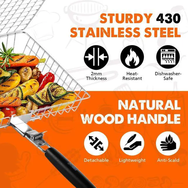 Alt view image 4 of 7 - Nesting Grill Baskets, 2pcs Grilling Baskets for Outdoor with Removable Handle, Stainless Steel BBQ Camping Cooking Accessories Tools for Fish, Vegetable, Shrimp - Gifts for Men Dad Husband