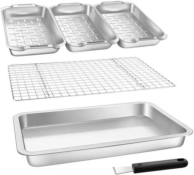 Main image of Grill Carry System, 6-Piece Stainless Steel Large Food Prep Tray, 16.5" x 11" Pan, Outdoor Grill with Cooling Rack for Vegetables, Fish, Meat, Great Grilling Gifts for Men