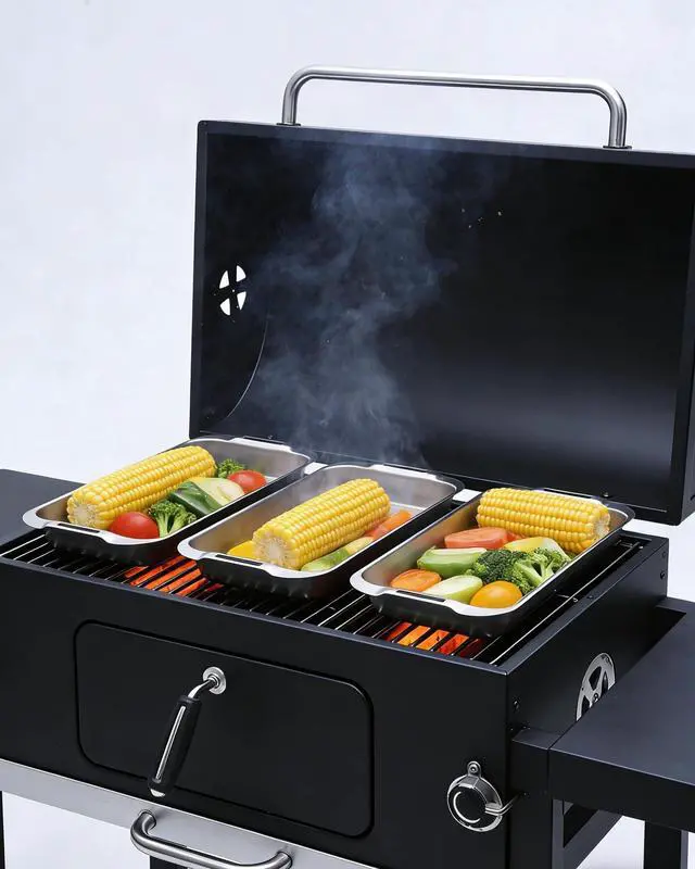 Alt view image 4 of 7 - Grill Carry System, 6-Piece Stainless Steel Large Food Prep Tray, 16.5" x 11" Pan, Outdoor Grill with Cooling Rack for Vegetables, Fish, Meat, Great Grilling Gifts for Men