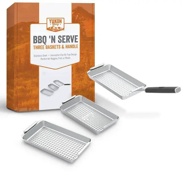 Main image of BBQ 'N SERVE Grill Basket Set 3 Commercial-Grade Stainless Steel Baskets, Clip-On Handle & Patented Grill-to-Table Design, RUST-PROOF, Dishwasher Safe, for Fish, Vegetables & Meat