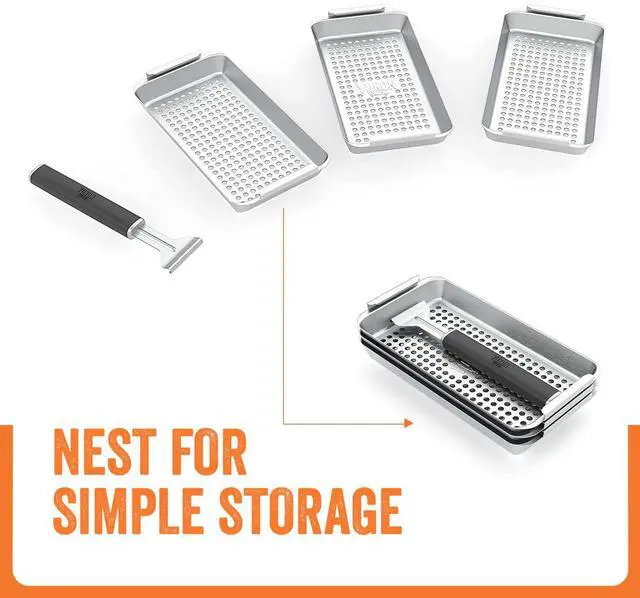 Alt view image 3 of 7 - BBQ 'N SERVE Grill Basket Set 3 Commercial-Grade Stainless Steel Baskets, Clip-On Handle & Patented Grill-to-Table Design, RUST-PROOF, Dishwasher Safe, for Fish, Vegetables & Meat