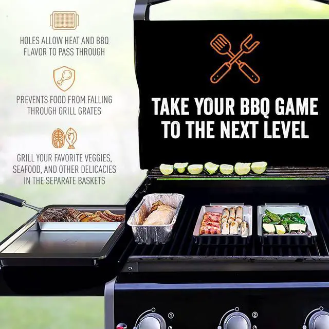 Alt view image 2 of 7 - BBQ 'N SERVE Grill Basket Set 3 Commercial-Grade Stainless Steel Baskets, Clip-On Handle & Patented Grill-to-Table Design, RUST-PROOF, Dishwasher Safe, for Fish, Vegetables & Meat