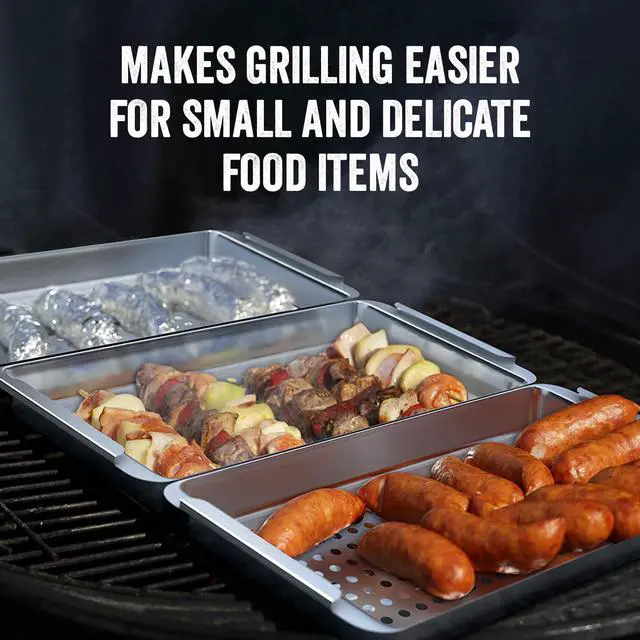 Alt view image 4 of 7 - BBQ 'N SERVE Grill Basket Set 3 Commercial-Grade Stainless Steel Baskets, Clip-On Handle & Patented Grill-to-Table Design, RUST-PROOF, Dishwasher Safe, for Fish, Vegetables & Meat