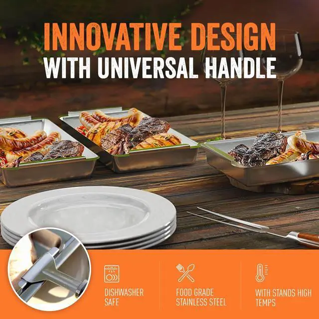 Alt view image 6 of 7 - BBQ 'N SERVE Grill Basket Set 3 Commercial-Grade Stainless Steel Baskets, Clip-On Handle & Patented Grill-to-Table Design, RUST-PROOF, Dishwasher Safe, for Fish, Vegetables & Meat