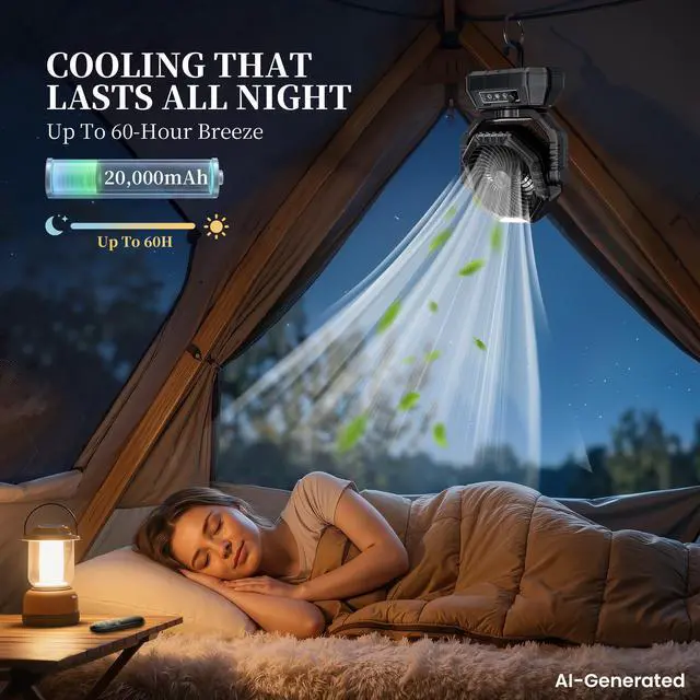 Alt view image 2 of 6 - Camping Fan, Oscillating Battery Powered Portable Rechargeable Hanging Tent Fan with Light and Remote for Camp, Outdoor, Emergency Power Outage, Fishing, RV Travel, Black