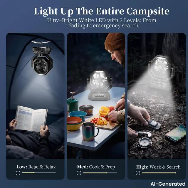 Alt view image 5 of 6 - Camping Fan, Oscillating Battery Powered Portable Rechargeable Hanging Tent Fan with Light and Remote for Camp, Outdoor, Emergency Power Outage, Fishing, RV Travel, Black
