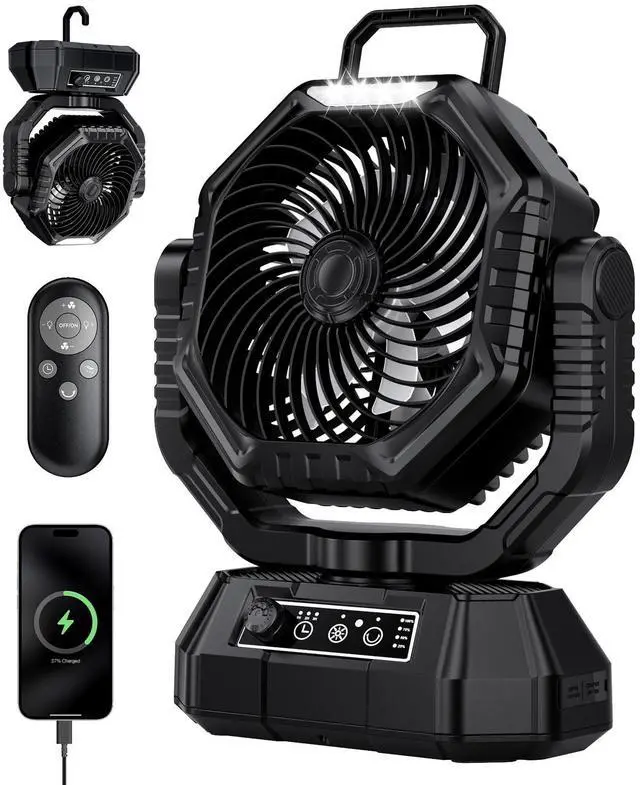 Main image of Camping Fan, Oscillating Battery Powered Portable Rechargeable Hanging Tent Fan with Light and Remote for Camp, Outdoor, Emergency Power Outage, Fishing, RV Travel, Black