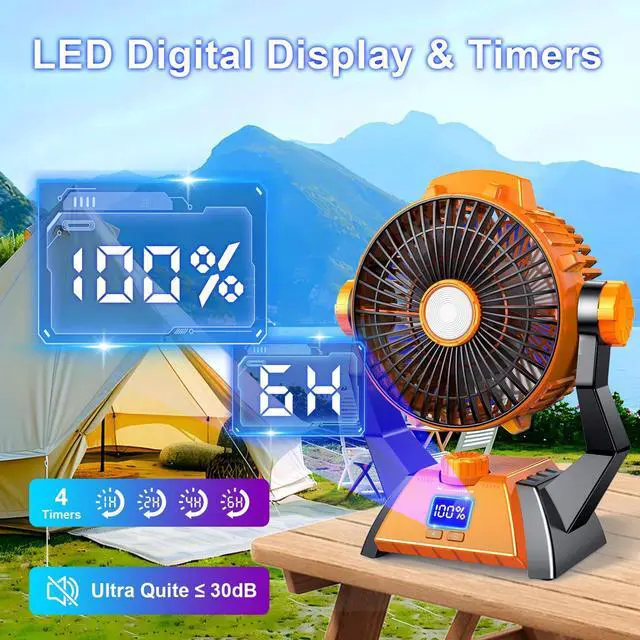 Alt view image 2 of 7 - Camping Fan - Rechargeable Portable Battery Powered Camping Fans for Tents with LED Light, Power Display, Timers & 360° Hanging Hook, Ultra Quiet USB Personal Tent Fan for Fishing Travel Home Office