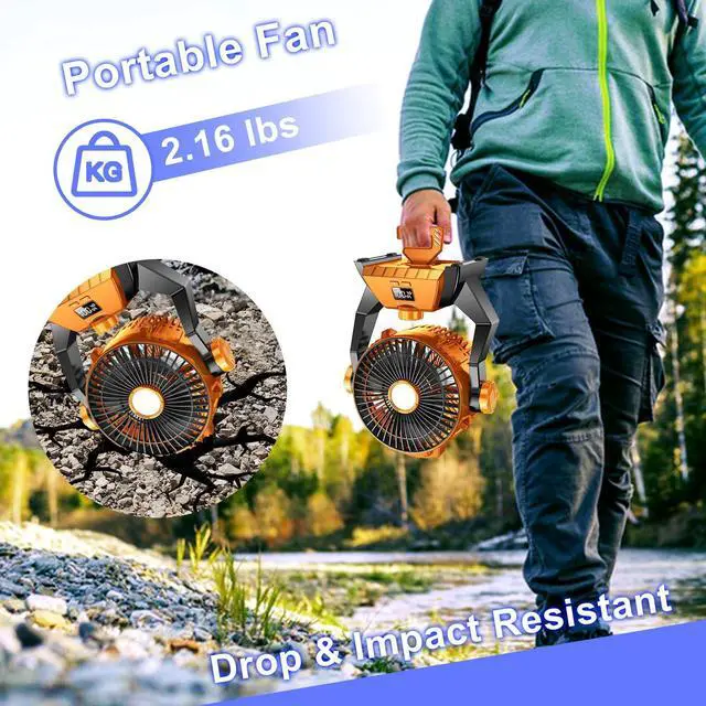 Alt view image 5 of 7 - Camping Fan - Rechargeable Portable Battery Powered Camping Fans for Tents with LED Light, Power Display, Timers & 360° Hanging Hook, Ultra Quiet USB Personal Tent Fan for Fishing Travel Home Office