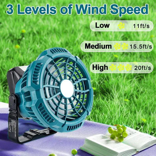 Alt view image 2 of 7 - Portable Camping Fan with LED Lantern Compatible with Makita 18V Battery Operated Tent Ceiling Fan with Remote Control, Small Outdoor Fan with Hook for Canopy(No Battery)