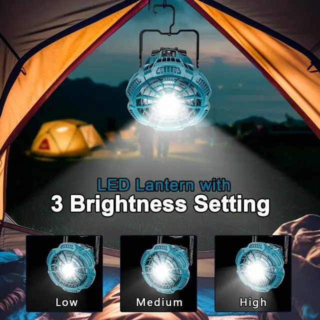 Alt view image 3 of 7 - Portable Camping Fan with LED Lantern Compatible with Makita 18V Battery Operated Tent Ceiling Fan with Remote Control, Small Outdoor Fan with Hook for Canopy(No Battery)