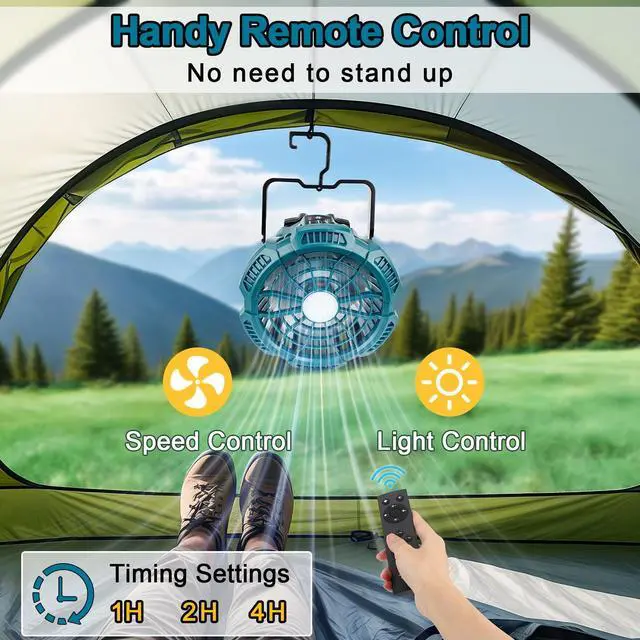 Alt view image 4 of 7 - Portable Camping Fan with LED Lantern Compatible with Makita 18V Battery Operated Tent Ceiling Fan with Remote Control, Small Outdoor Fan with Hook for Canopy(No Battery)