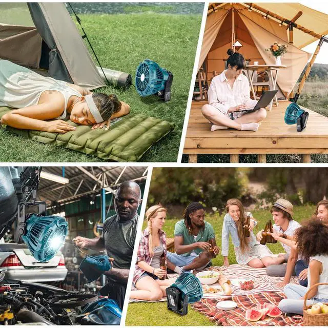 Alt view image 6 of 7 - Portable Camping Fan with LED Lantern Compatible with Makita 18V Battery Operated Tent Ceiling Fan with Remote Control, Small Outdoor Fan with Hook for Canopy(No Battery)