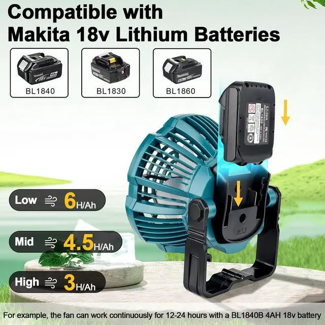 Alt view image 5 of 7 - Portable Camping Fan with LED Lantern Compatible with Makita 18V Battery Operated Tent Ceiling Fan with Remote Control, Small Outdoor Fan with Hook for Canopy(No Battery)