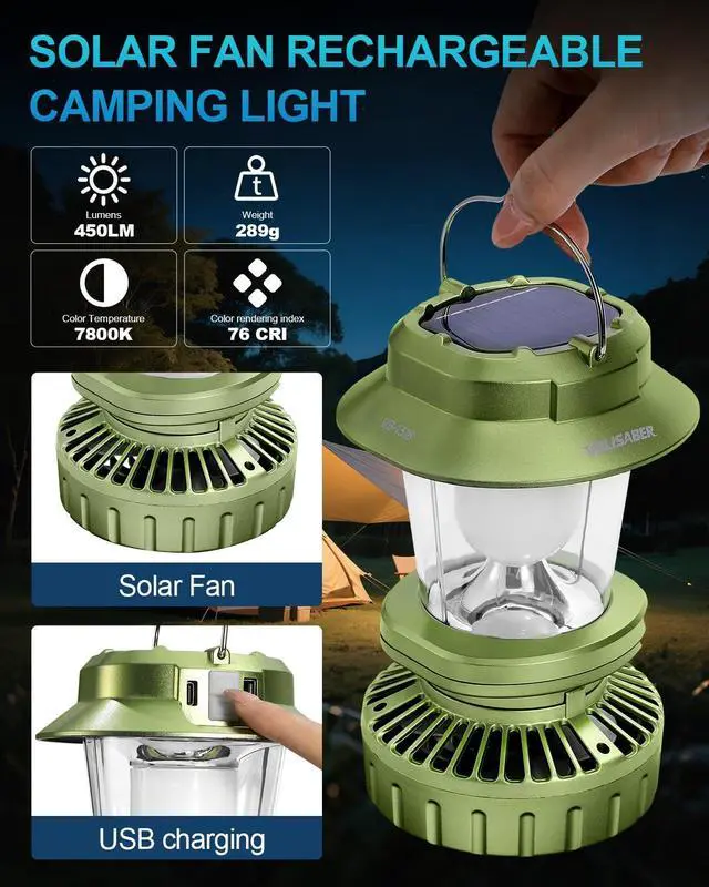 Alt view image 2 of 7 - 2-Pack Camping Lantern with Fan, Rechargeable Solar LED Waterproof USB Output Hanging Light Camping Essentials Survival Kits for Indoor Outdoor Home Emergency Light Power Outages (4 Light Modes)