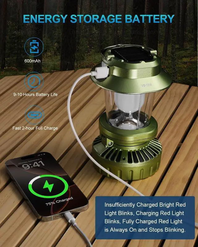 Alt view image 5 of 7 - 2-Pack Camping Lantern with Fan, Rechargeable Solar LED Waterproof USB Output Hanging Light Camping Essentials Survival Kits for Indoor Outdoor Home Emergency Light Power Outages (4 Light Modes)