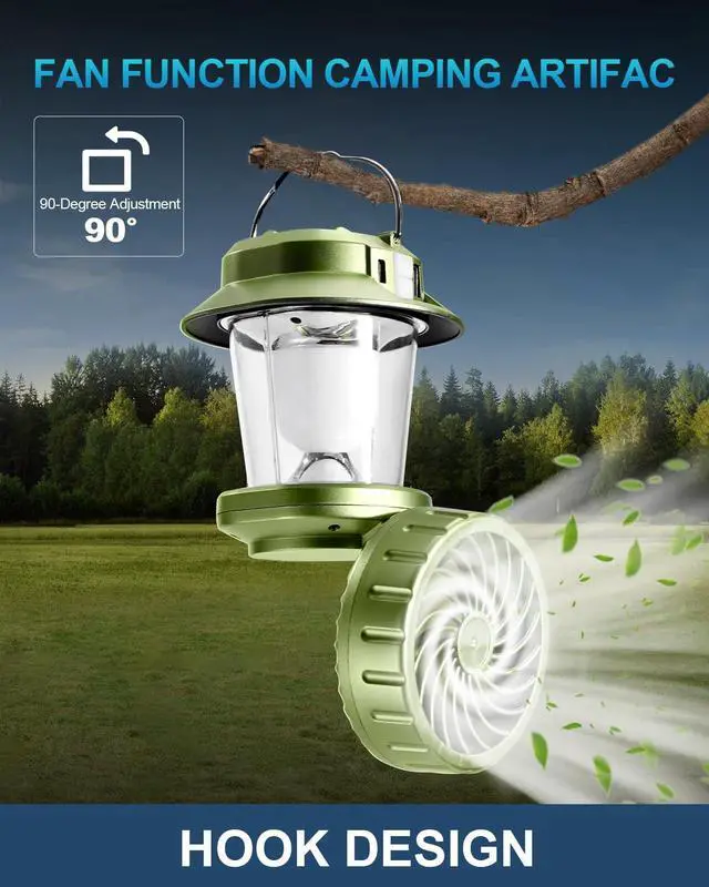 Alt view image 4 of 7 - 2-Pack Camping Lantern with Fan, Rechargeable Solar LED Waterproof USB Output Hanging Light Camping Essentials Survival Kits for Indoor Outdoor Home Emergency Light Power Outages (4 Light Modes)