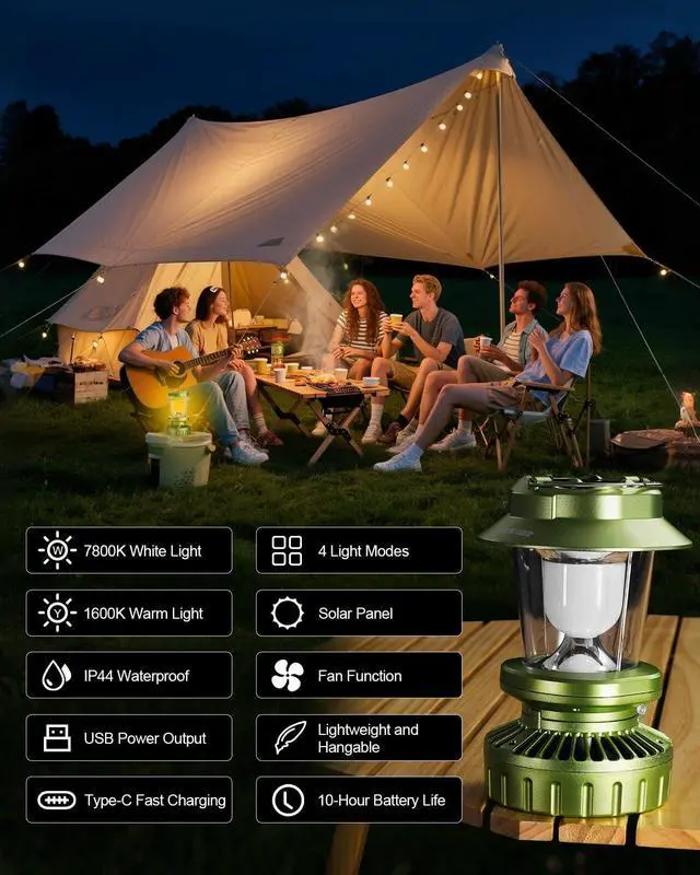 Alt view image 6 of 7 - 2-Pack Camping Lantern with Fan, Rechargeable Solar LED Waterproof USB Output Hanging Light Camping Essentials Survival Kits for Indoor Outdoor Home Emergency Light Power Outages (4 Light Modes)