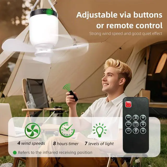 Alt view image 3 of 6 - Camping Accessories Fan with Light - Portable Rechargeable Tent Fan with 8000mAh Battery, Remote Control & Hanging Hook - Cool Camping Gear for Tents, Outdoor, RV & Car Essentials
