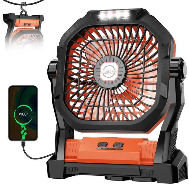 Alt view image 2 of 7 - Camping Fan Rechargeable, 20000mAh Battery Powered Portable Fan with LED Light, 4-Speed 180° Adjustable, Camping Essentials for Tent, Travel, Car, Outdoor, Indoor, BBQ, Fishing, Jobsite - Orange