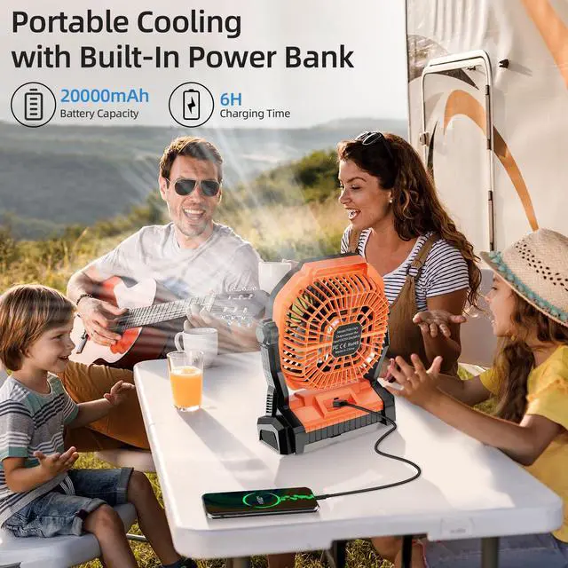 Alt view image 6 of 7 - Camping Fan Rechargeable, 20000mAh Battery Powered Portable Fan with LED Light, 4-Speed 180° Adjustable, Camping Essentials for Tent, Travel, Car, Outdoor, Indoor, BBQ, Fishing, Jobsite - Orange