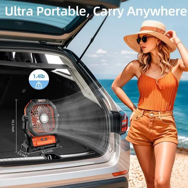 Alt view image 7 of 7 - Camping Fan Rechargeable, 20000mAh Battery Powered Portable Fan with LED Light, 4-Speed 180° Adjustable, Camping Essentials for Tent, Travel, Car, Outdoor, Indoor, BBQ, Fishing, Jobsite - Orange
