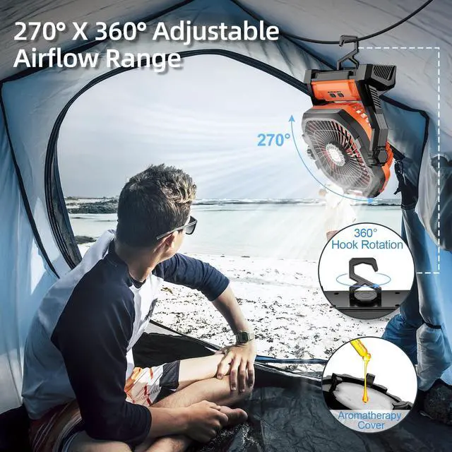 Alt view image 5 of 7 - Camping Fan Rechargeable, 20000mAh Battery Powered Portable Fan with LED Light, 4-Speed 180° Adjustable, Camping Essentials for Tent, Travel, Car, Outdoor, Indoor, BBQ, Fishing, Jobsite - Orange