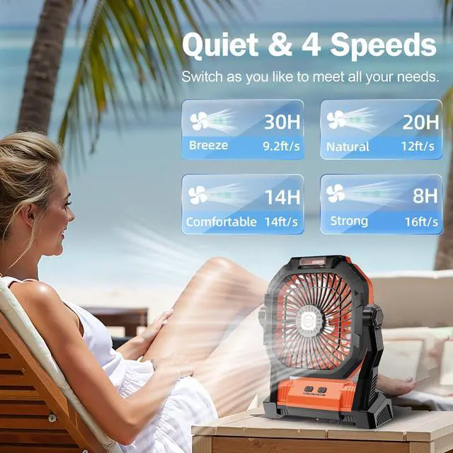 Alt view image 3 of 7 - Camping Fan Rechargeable, 20000mAh Battery Powered Portable Fan with LED Light, 4-Speed 180° Adjustable, Camping Essentials for Tent, Travel, Car, Outdoor, Indoor, BBQ, Fishing, Jobsite - Orange