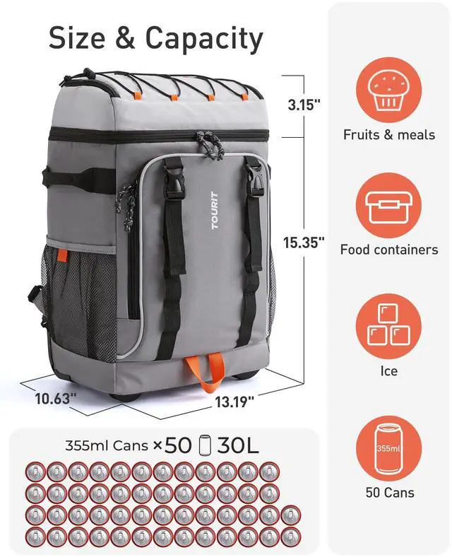 Alt view image 2 of 7 - 50 Cans Rolling Backpack, Double Deck & Dual-Bar Handle Travel Soft Cooler Bag with Wheels, 30L Space Beach Cooler Size 18"(15"+3")×13"×11",Grey