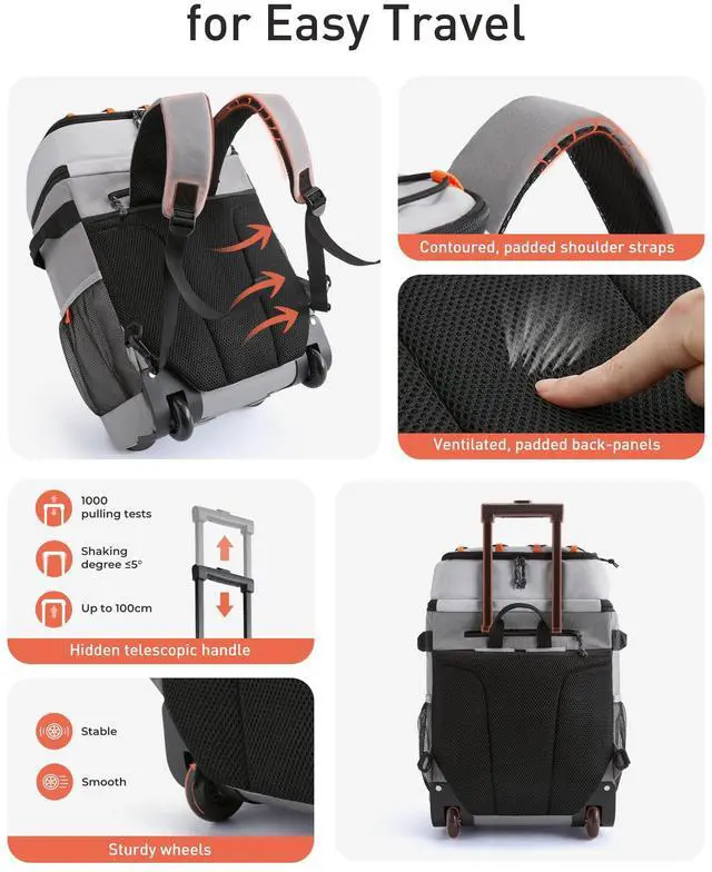 Alt view image 5 of 7 - 50 Cans Rolling Backpack, Double Deck & Dual-Bar Handle Travel Soft Cooler Bag with Wheels, 30L Space Beach Cooler Size 18"(15"+3")×13"×11",Grey