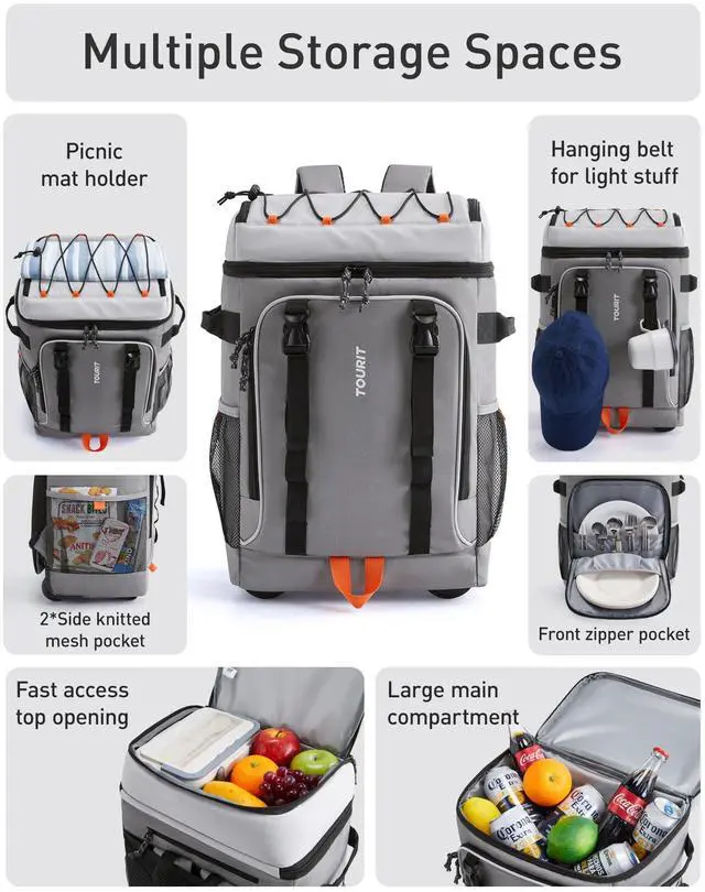 Alt view image 6 of 7 - 50 Cans Rolling Backpack, Double Deck & Dual-Bar Handle Travel Soft Cooler Bag with Wheels, 30L Space Beach Cooler Size 18"(15"+3")×13"×11",Grey