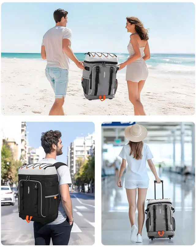 Alt view image 7 of 7 - 50 Cans Rolling Backpack, Double Deck & Dual-Bar Handle Travel Soft Cooler Bag with Wheels, 30L Space Beach Cooler Size 18"(15"+3")×13"×11",Grey