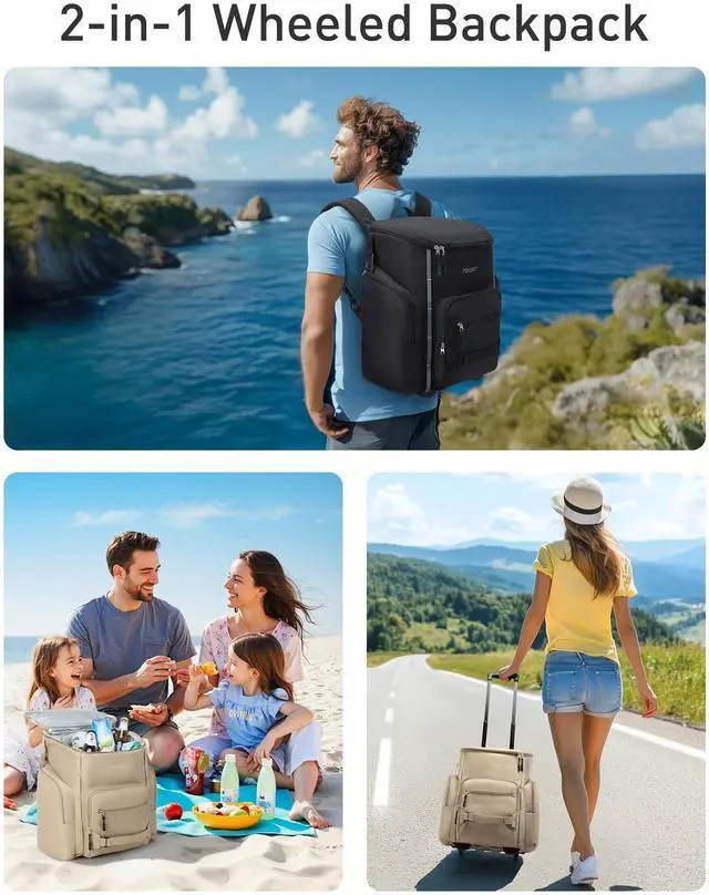 Alt view image 7 of 7 - Rolling Cooler Backpack: Leakproof Waterproof Insulated 36 Cans Beach Cooler with Wheels and Handle Outdoor Camping Picnic Travel Black